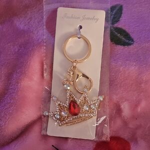 Gold Crown Keychain with Red Gemstone